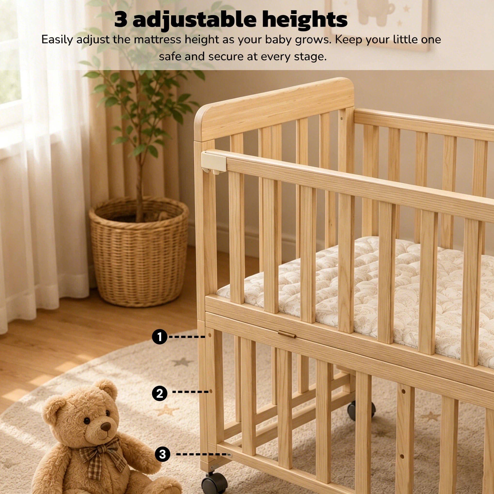 Mintazer Convertible Kids Crib with Height Adjustable, Bedside Bassinet with Lockable Wheels & Mattress, Extendable Rocking Cradle for Newborn to Toddler, Natural