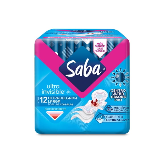 Toallas femeninas Saba Ultra Invisible ultradelgada larga con alas flujo abundante 12 pzas