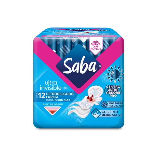 Toallas femeninas Saba Ultra Invisible ultradelgada larga con alas flujo abundante 12 pzas