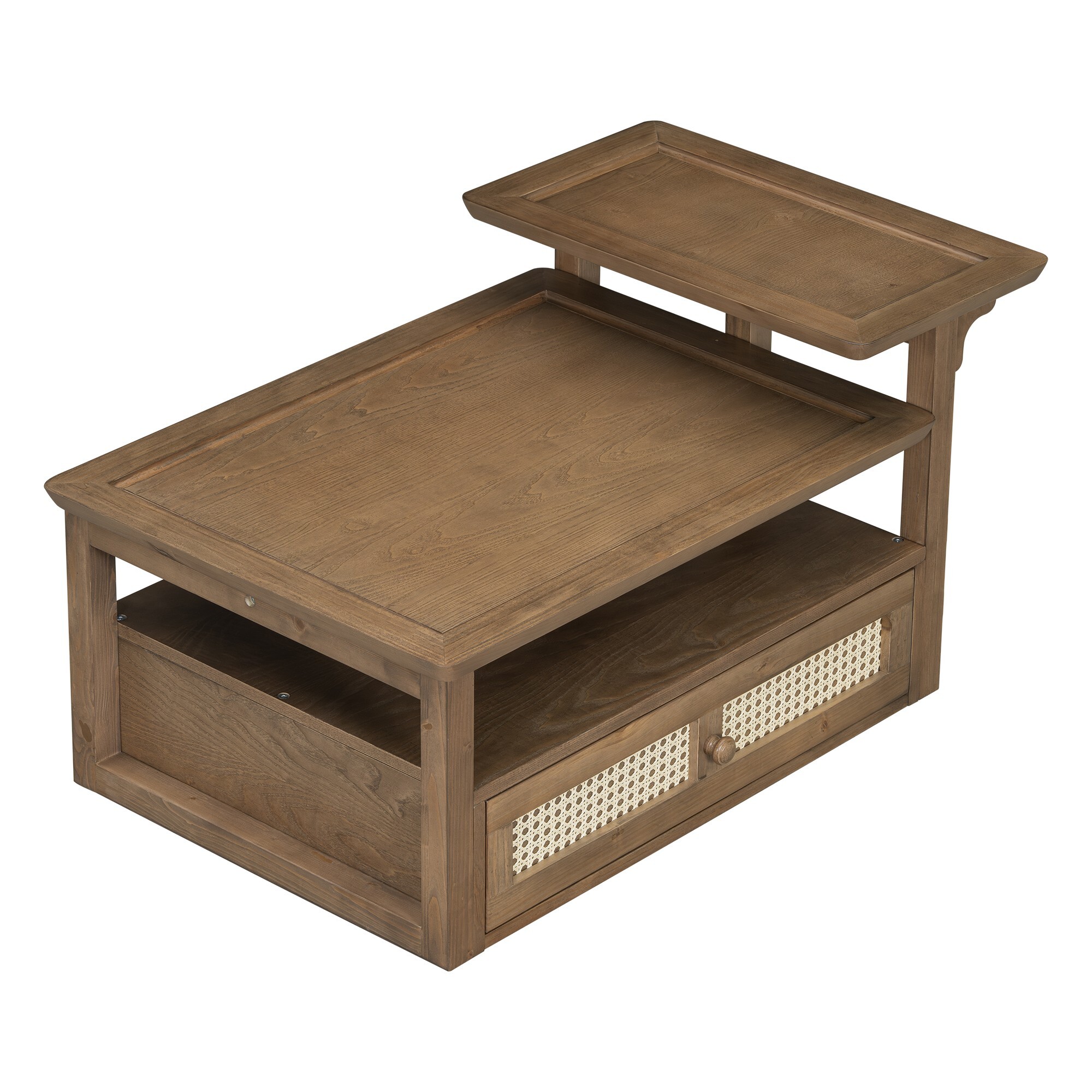 AENKYO Rustic Coffee Table with Rattan Drawer & Shelf - Modern Living Room End Table, Easy Assembly, Dark Brown