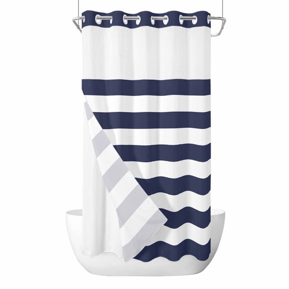 Blue Stripes No Hook Shower Curtain Waterproof, Bathroom Curtains with Snap in Liners and See Through Top Window, Simple Blue White Texture Hotel Style Bathtub Curtains Shower 36"Wx78"L