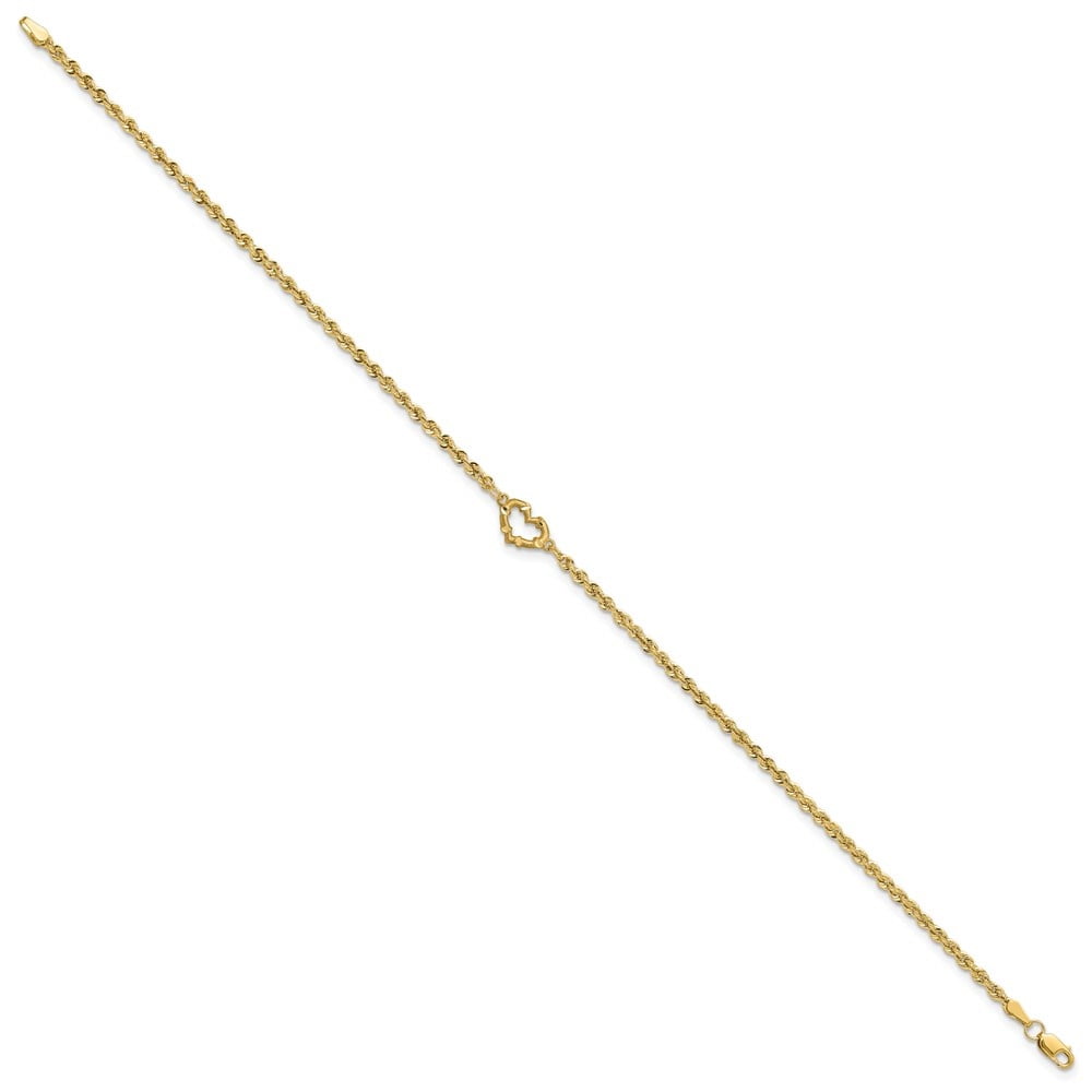 14K Yellow Gold Diamond-Cut Open Heart Rope Chain Anklet Valentine Day Gift for Women 9"