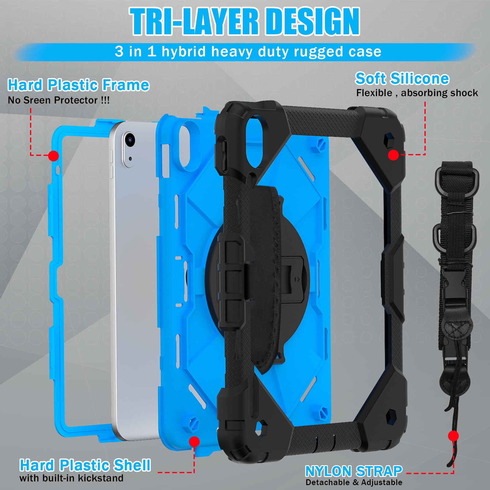 ELEHOLD Rugged Hybrid Case for iPad 11th Gen (A16) 2025 11-inch,with Built-in Kickstand 360° Rotating Handstrap Pencil Holder Crossbody Shoulder Strap Shockproof Heavy Duty Case,Black/Blue