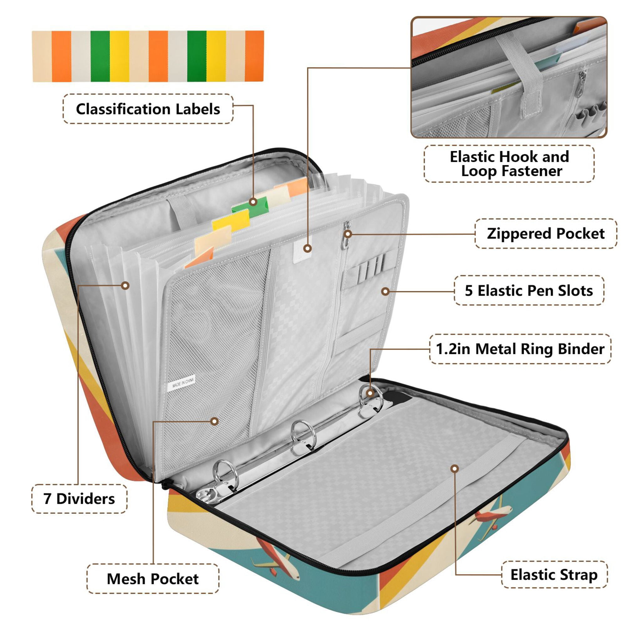 FORMRS Accordion File Folder A4 Size 7-Pocket Expanding Document Organizer Bag with 3 Ring Binder, Colorful Plane