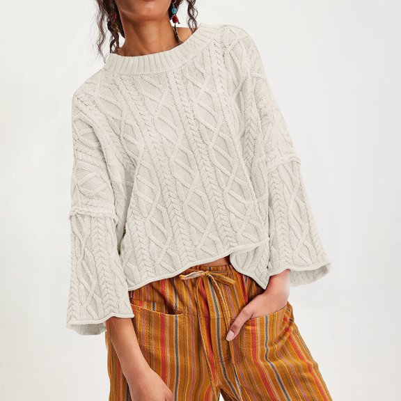 Beige Womens Tops Womens Cropped Sweaters Oversized Cable Knit Crewneck Long Sleeve Pullover Trendy Casual Loose Sweater Tops Fall Outfits for Women 2025