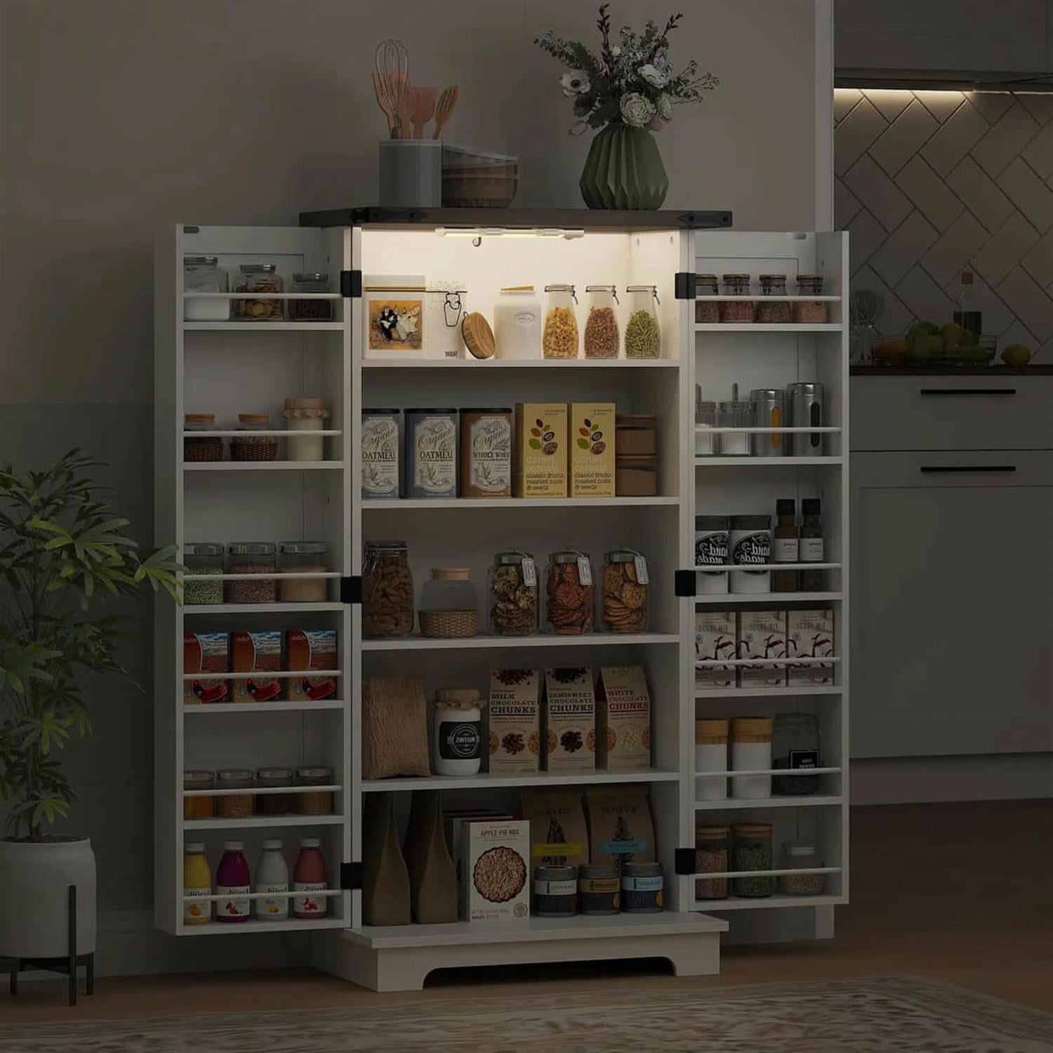 Demi Bonn 47" LED-Lit Kitchen Pantry Cabinet with Sliding Doors, Adjustable Shelves for Modern Kitchens, White