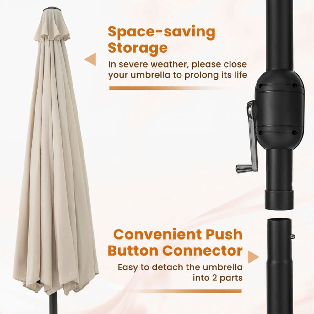 Demifill 12 Feet Patio Umbrella with Crank Handle and 8 Sturdy Ribs, Patio Umbrella for Outdoor, Beige