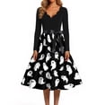 thumbnail image 4 of Halloween Dresses for Women Bone Hepburn V-Neck Fashion Dresses Witch Hat Printed Long Sleeve Classic Tea Length Dress with Belt M, 4 of 5