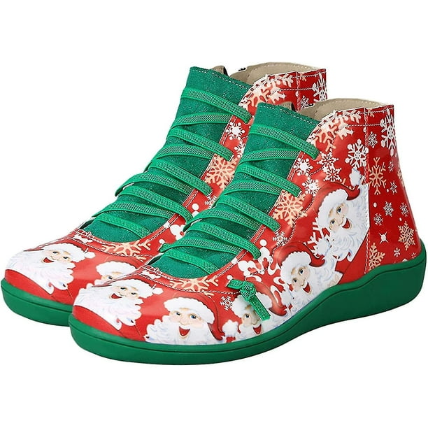 Zapatos navideños de Papá Noel con punta redonda, cordones y cremallera lateral, botines cortos con estampado navideño, accesorio de disfraz de Papá Noel para mujeres y hombres, verde, 7-AM