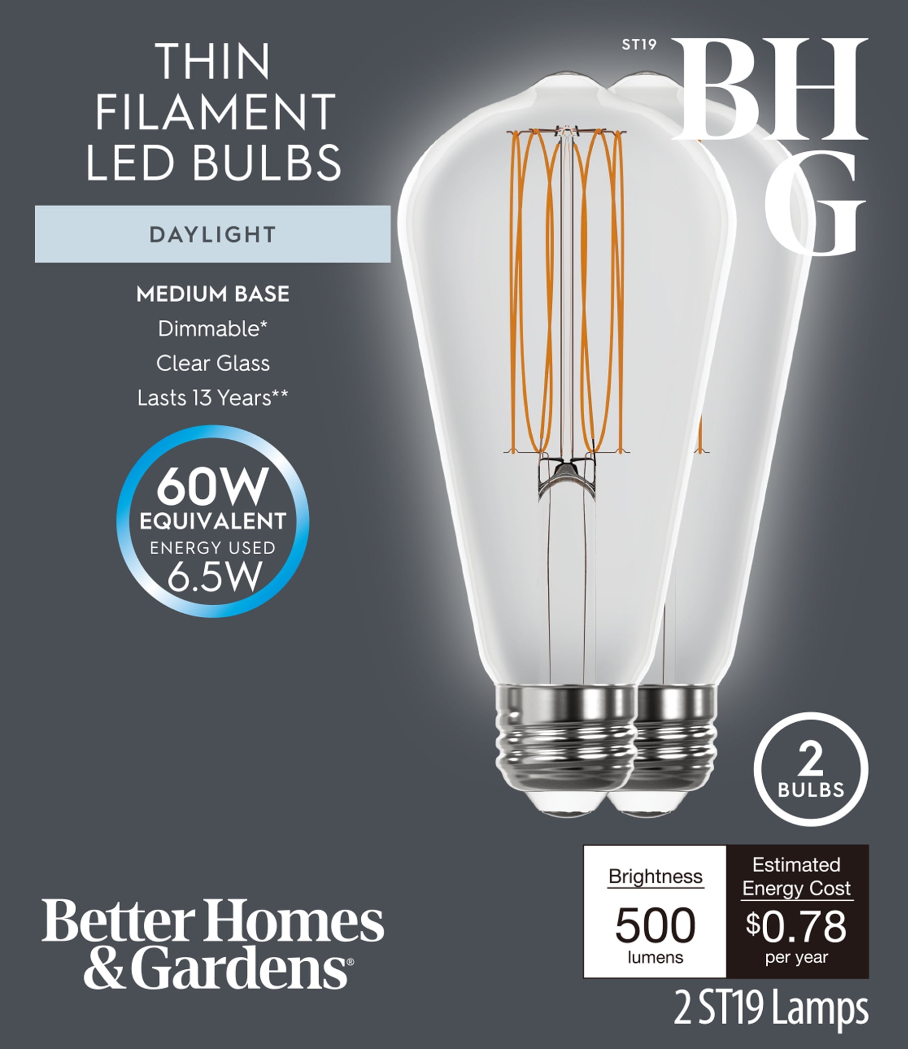 (2 pack) Better Homes & Gardens 6.5W (60W Equivalent) Daylight Dimmable ST19 Thin Filament Light Bulb E26 Base 2 Pack