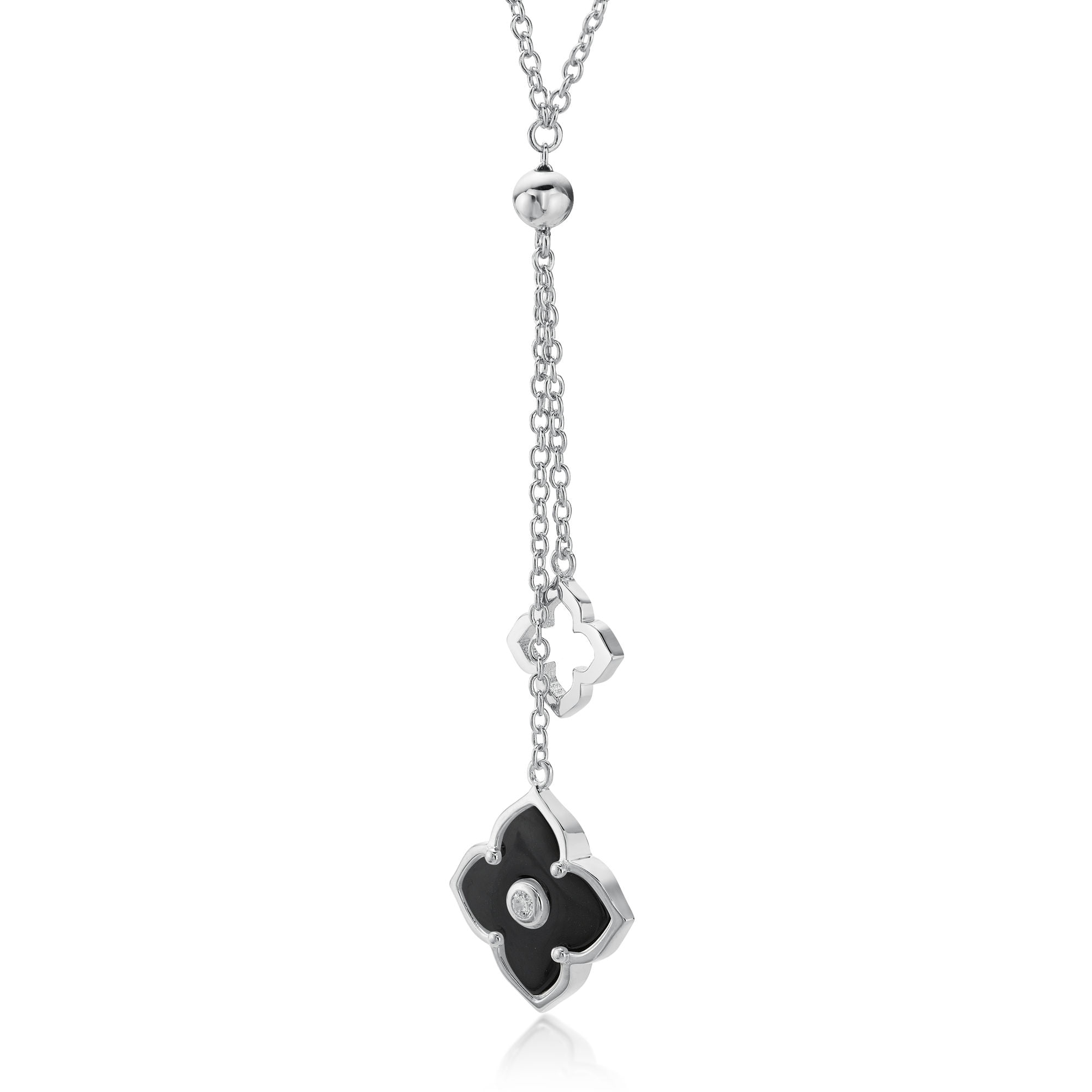 Lavari Jewelers Flora Women's Black Onyx Double Flower Pendant Necklace in 925 Sterling Silver with Cubic Zirconia - 16- 18 Inch Adjustable Cable Chain