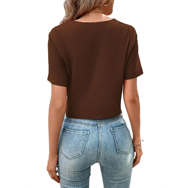 Buy Brown Jacquard Plain V Neck Short Sleeve Blouse For Women by