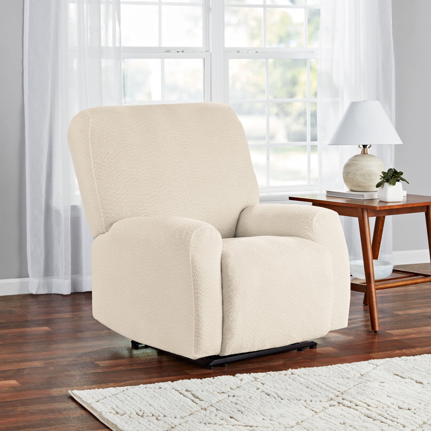 Mainstays Boucle Stretch-to-Fit Fabric Recliner Slipcover, 4-Piece, Beige