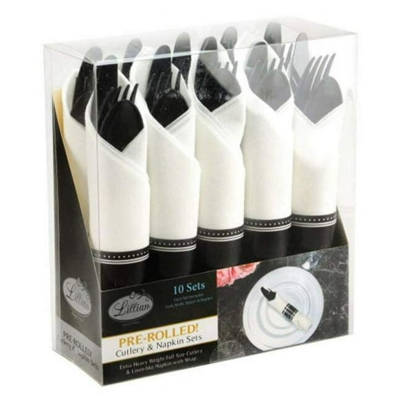 VeZee's Lillian Pre-Rolled 200 Pcs Black Polished 50 Guest-Serving Cutlery & Napkin Sets for Elegant & Stylish Parties