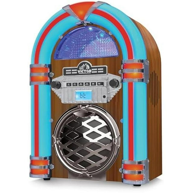 Victor VDTJ-1550-MH Broadway Bureau CD Bluetooth Jukebox avec Éclairage LED Multicolore&44; Acajou