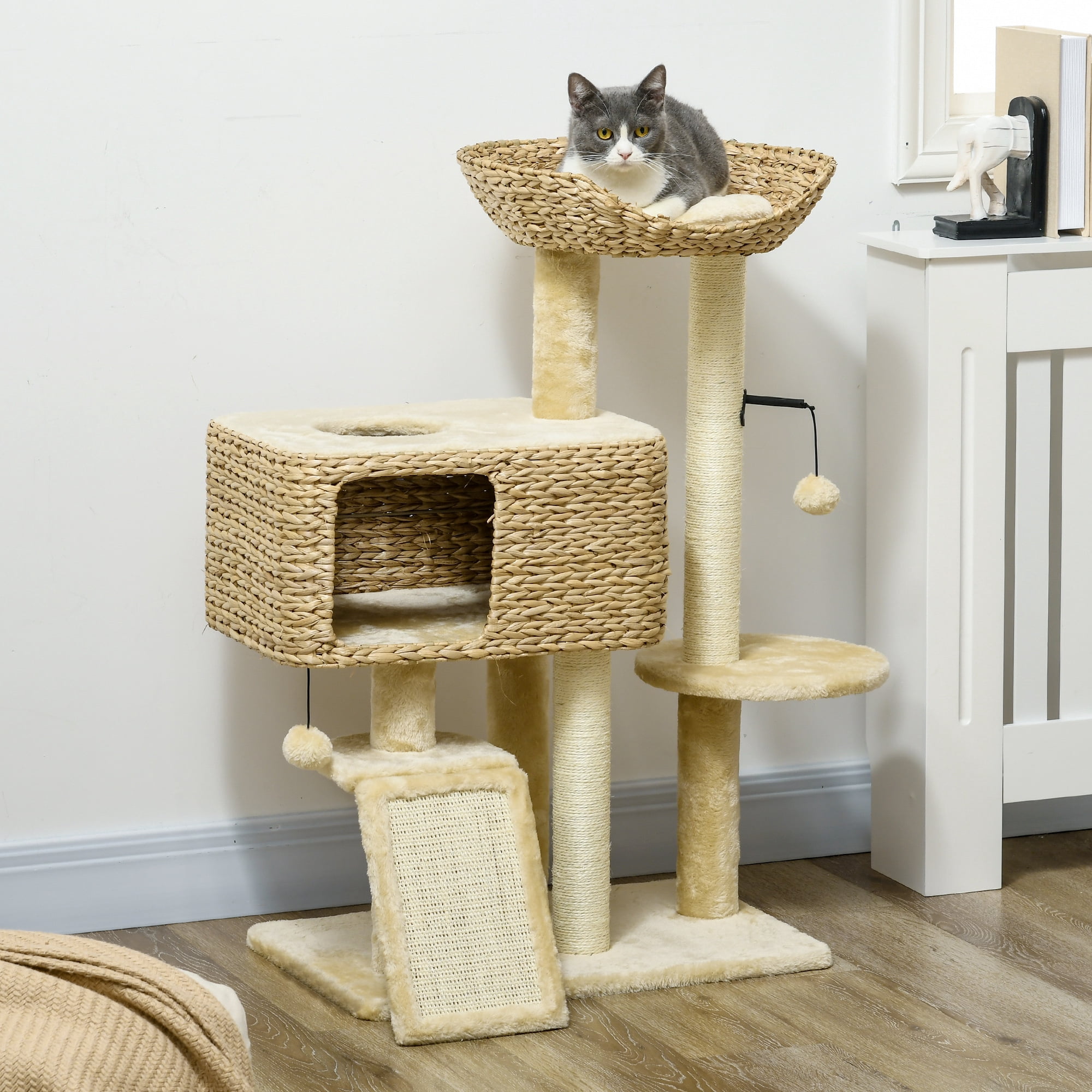 PawHut Cat Tree for Indoor Cats w/ Scratching Posts, Condo Cat Tower, Beige