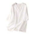 thumbnail image 3 of Cotton Linen Tops for Women 2023 Dressy Casual V Neck Flowy Split Hem Blouse Loose Fit 3/4 Sleeve Beach T Shirts, 3 of 6