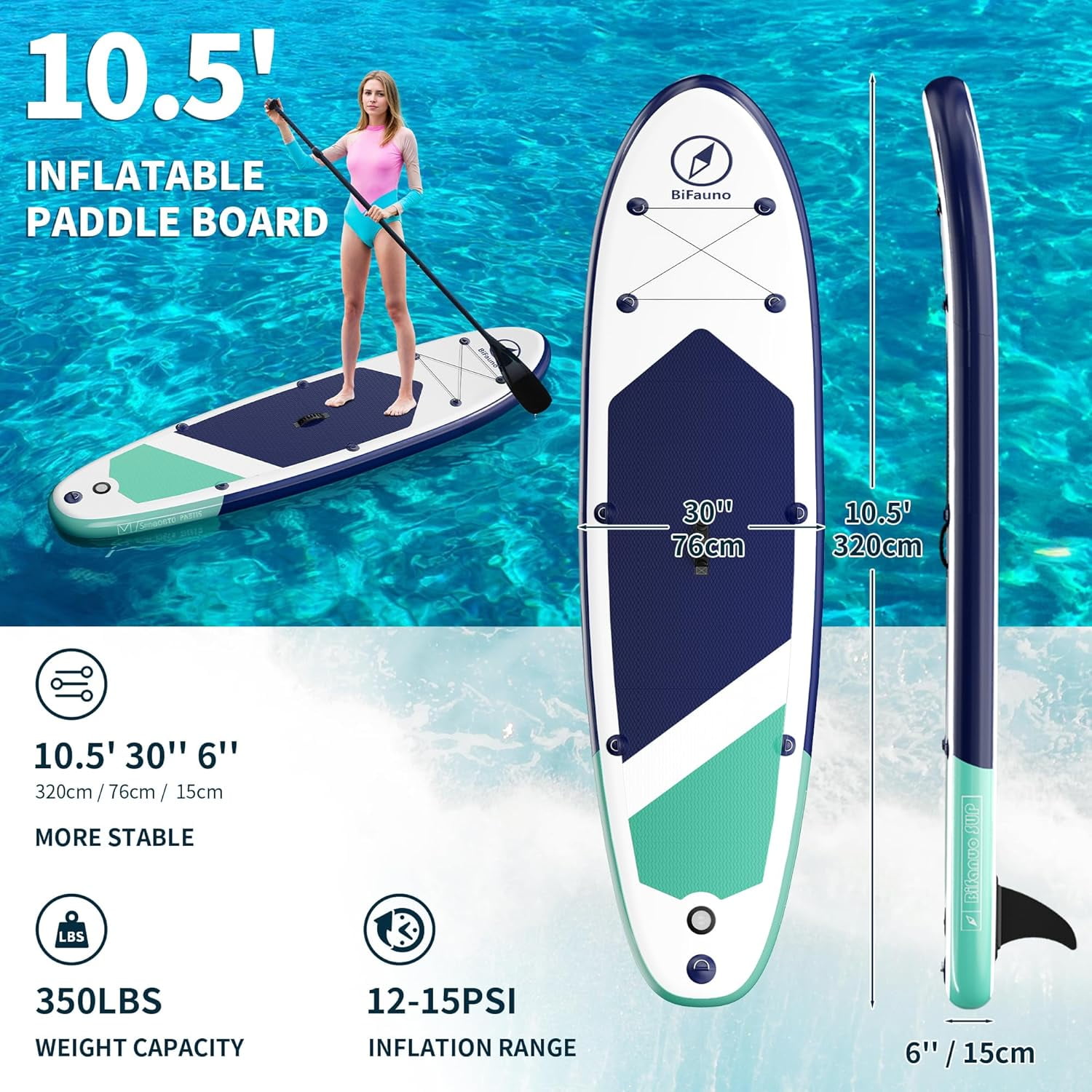 LHBcraft Inflatable Stand Up Paddle Board with SUP Accessories and Backpack Paddle Boards for Adults. Non-Slip Deck, Wide Stance, Bottom Fin, Double Action Pump