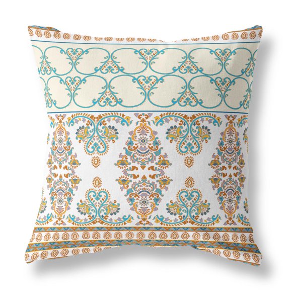 Nandini Flowers Faux Suede Fabric Throw Pillow in Orange and Teal 16x16