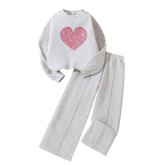 Hienoo Little Girls Outfits Heart Print Pullover Sweatshirt Straight Pants 2-Piece Set