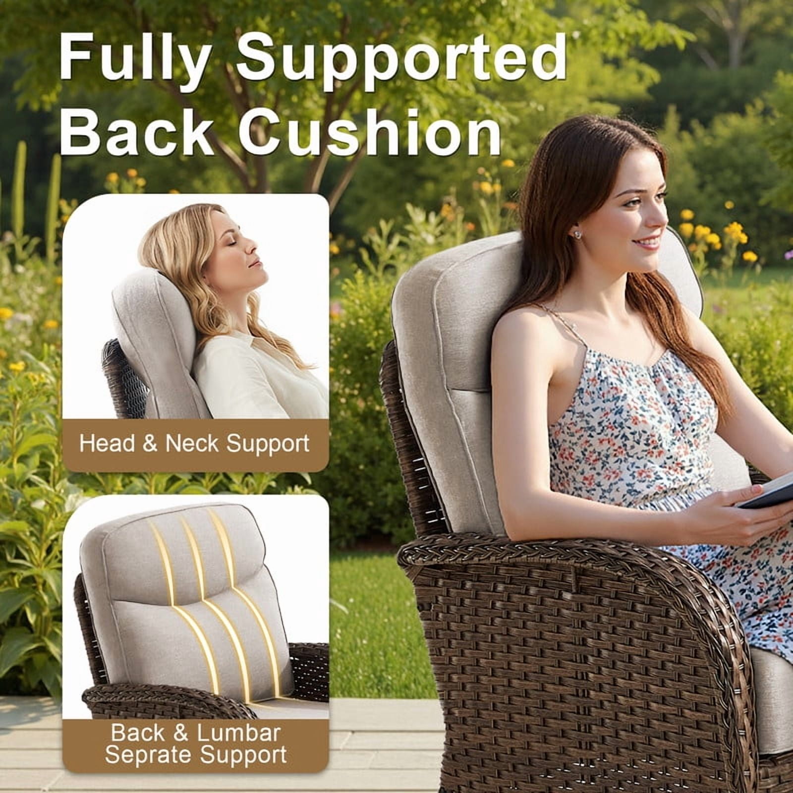 Opohoro 3PCS Outdoor Swivel Chair Set with Side Table and 6-Inch Thick Cushions, All Weather Wicker Patio Chairs for Porch Balcony