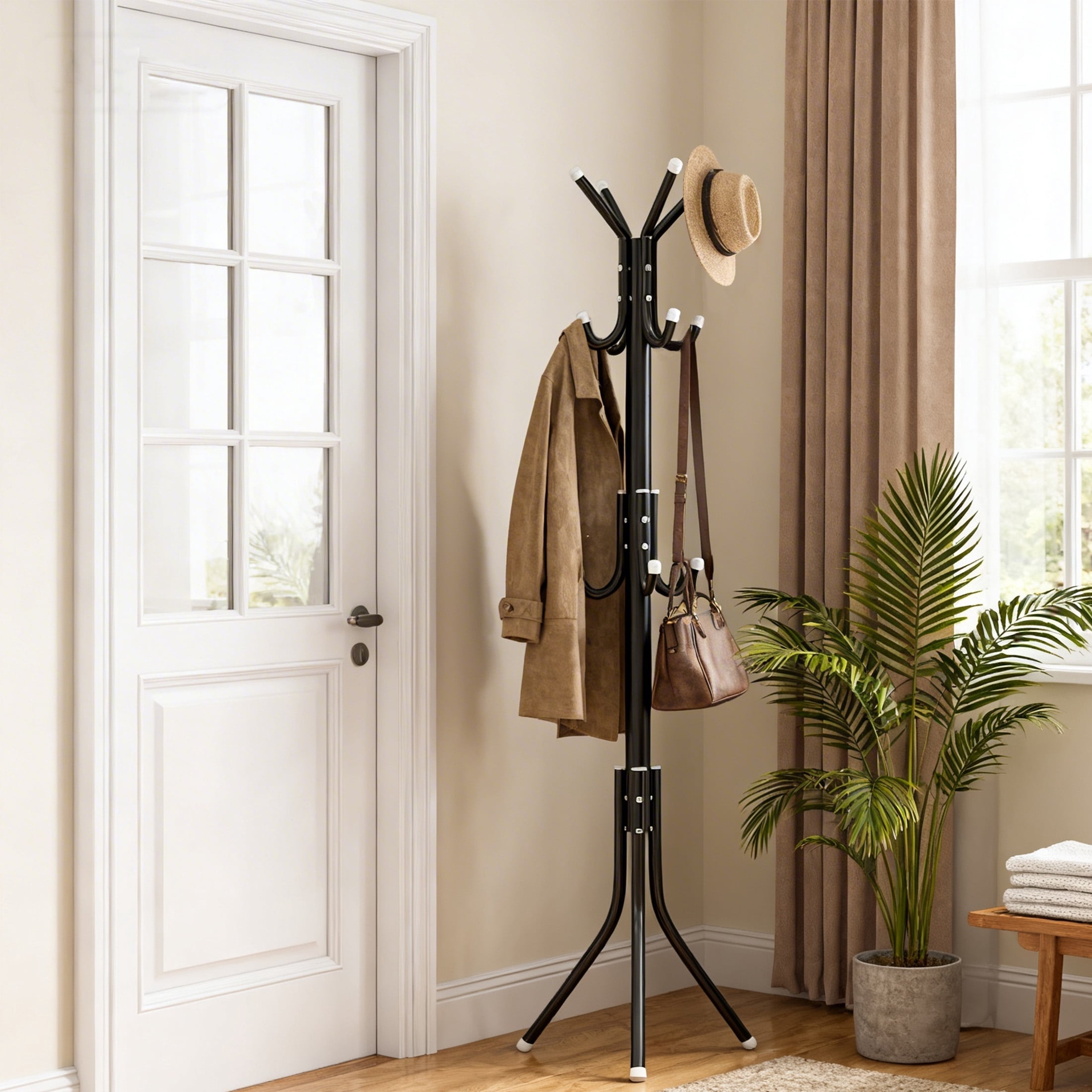 GARITIN Coat Rack Freestanding with 12 Hooks, Heavy Duty Coat Tree for Entryway Bedroom Corner Hall, Black