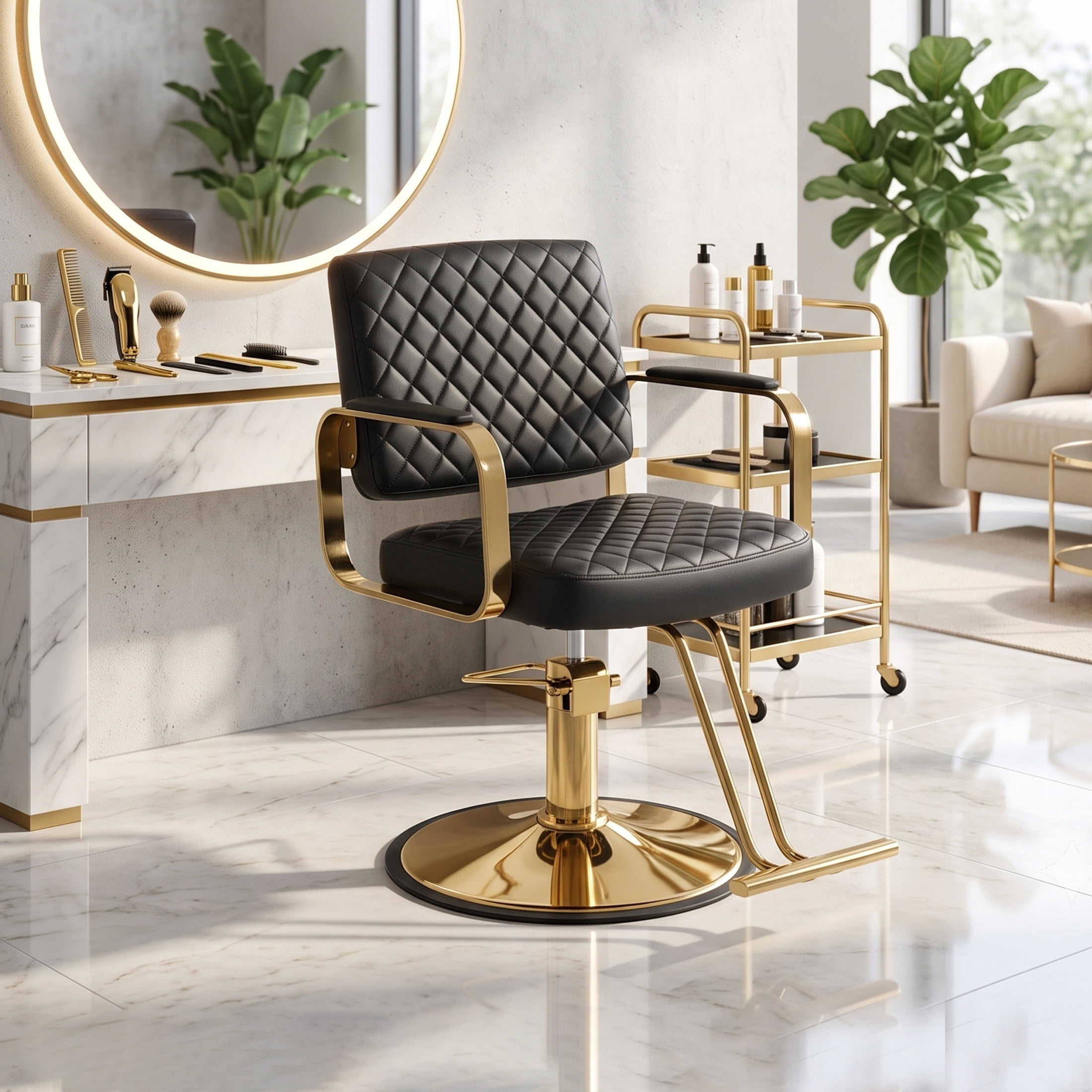 Noble House 360° Swivel Adjustable Salon Styling Chair, Diamond-Quilted PU Upholstery, Black+Gold