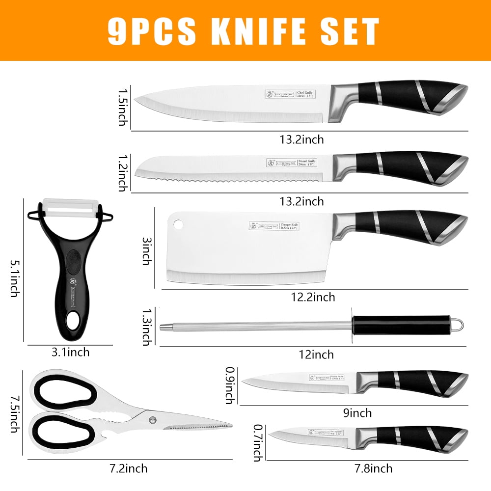 Knife Set 8 Pieces Black Kitchen Knife Set with Acrylic Stand, High Carbon Stainless Steel,KEPEAK Non Stick Coated Knife Block Set, No Rust, Non Slip Handle, Sharp Knife