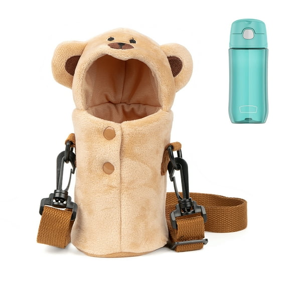Linkidea Plush Water Bottle Carrier Compatible with Thermos FUNTAINER Steel/Tritan 12oz/16oz, Warm Bear Waterbottle Sling Bag Holder with Shoulder Strap