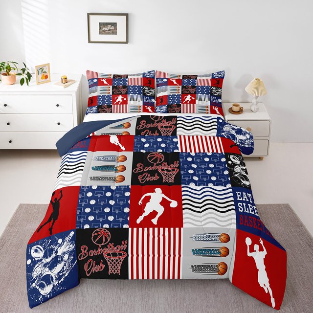 Erosebridal Sports Bedding Queen Comforter Set,Basketball Down Comforter,Red Blue Buffalo Bedding Sets Queen With Comforter, Microfiber Bedroom Decor,3 Pieces Reversible