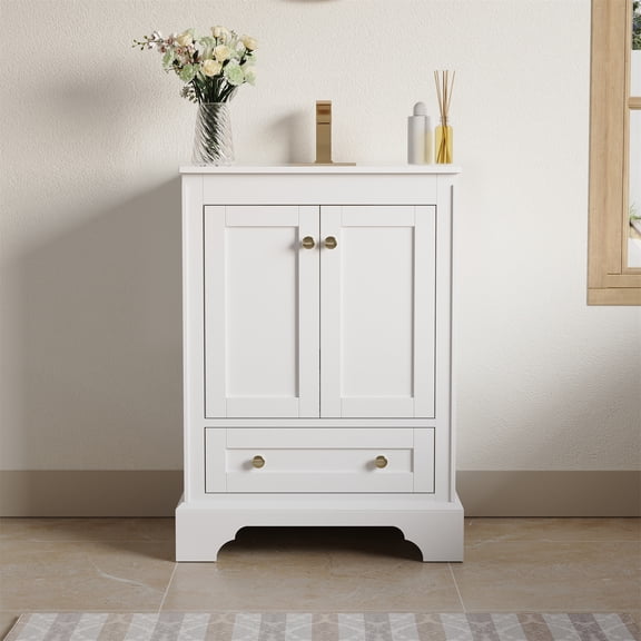 ANGELES HOME 24" White Bathroom Vanity with Ceramic Countertop & Sink, Solid Wood Cabinet with 2 Doors 1 Drawer, Soft Close, Brushed Gold Handles