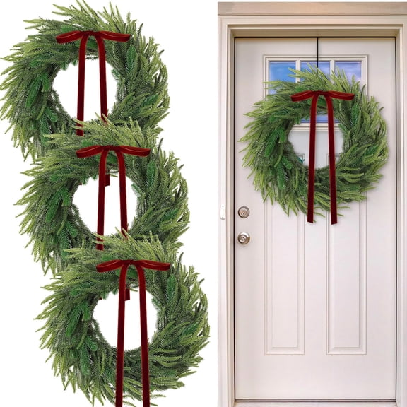 3 Pcs 20 Inch Norfolk Pine Christmas Wreath, Artificial Real Touch Norfolk Wreath, Winter Farmhouse Greenery Decoration with Ribbon Bow, Front Door Indoor Outdoor Home Christmas Decorations(Red)