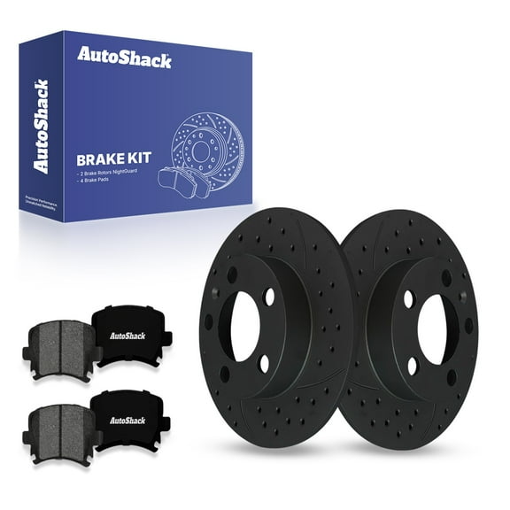 AutoShack 9.13" (232 mm) Rear Solid Drilled & Slotted Brake Rotors E-Coated   Premium Ceramic Brake Pads | Replacement for 2007-2009 Volkswagen Jetta | Black Finish | 6-PC Brake Kit | NightGuard
