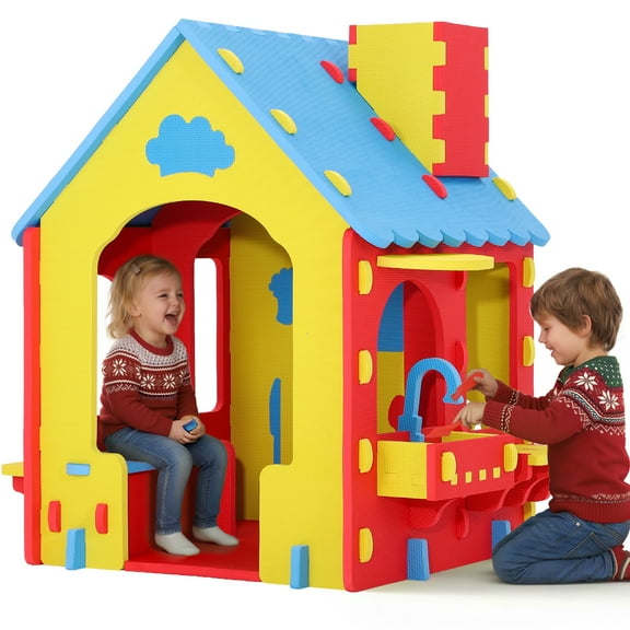 iRerts Kids Playhouse, EVA Foam Cottage Playhouse for Kids Ages 2 , Indoor Play House with Play Kitchen, Toddler Play Equipment Toys Pretend Playhouse for Boy Girl Gifts, No-Tools Required Assembly