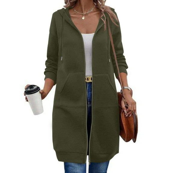 Mohiass Long Hoodies for Women, 2025 New Women's Zip-Up Fleece Jacket, Lightweight Warm Casual Hooded Sweatshirt Army Green 2XL