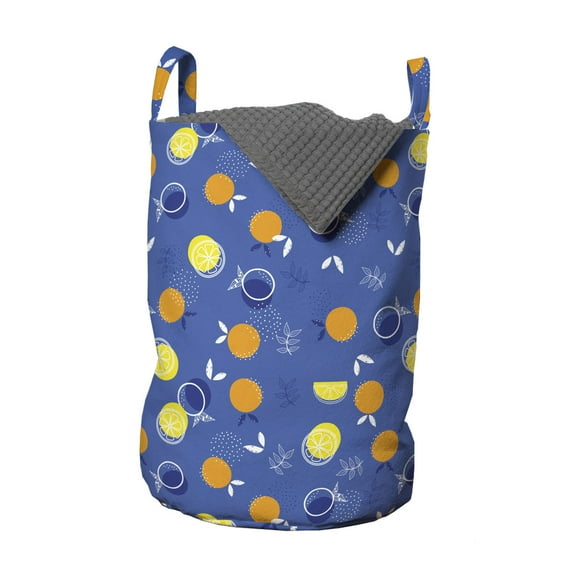 Fruits Laundry Bag, Vibrant Oranges and Lemons Silhouettes with Mini Polka Dots, Hamper Basket with Handles Drawstring Closure for Laundromats, 13" x 19", Violet Blue Orange, by Ambesonne