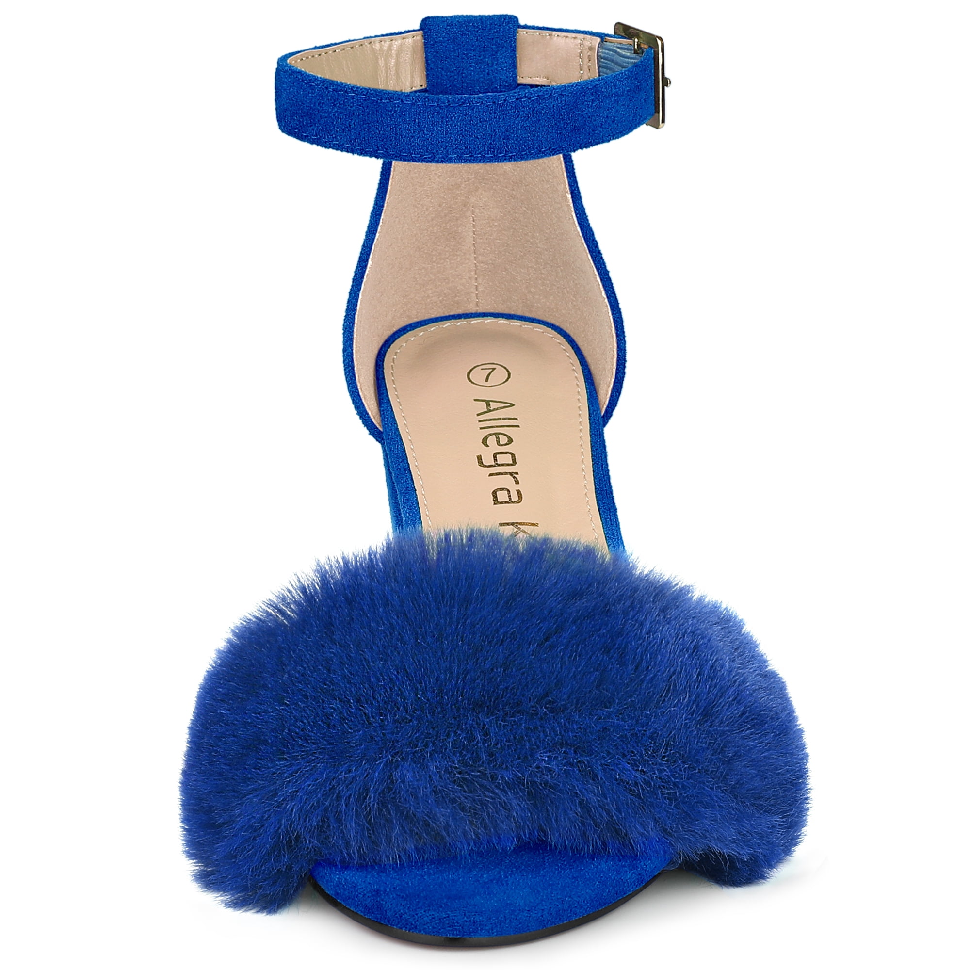 DARING DIVA Women's Ankle Strap Faux Fur Block Heels Beige Sandals for Wear Blue 6