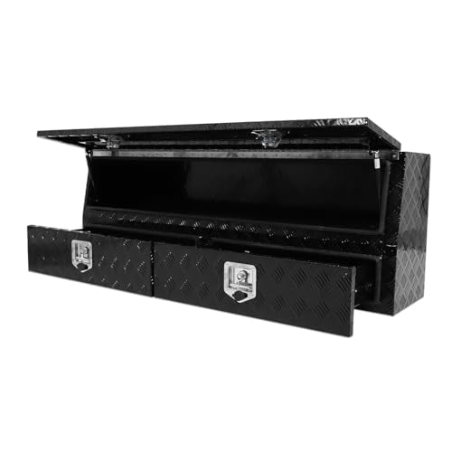Contractor Top Side Boxes with Two Lower Drawers Aluminum Stripes Plated Truck Tool Box Pick Up Truck Bed Tool Box Truck Storage Box Waterproof Toolbox Storage Organizer