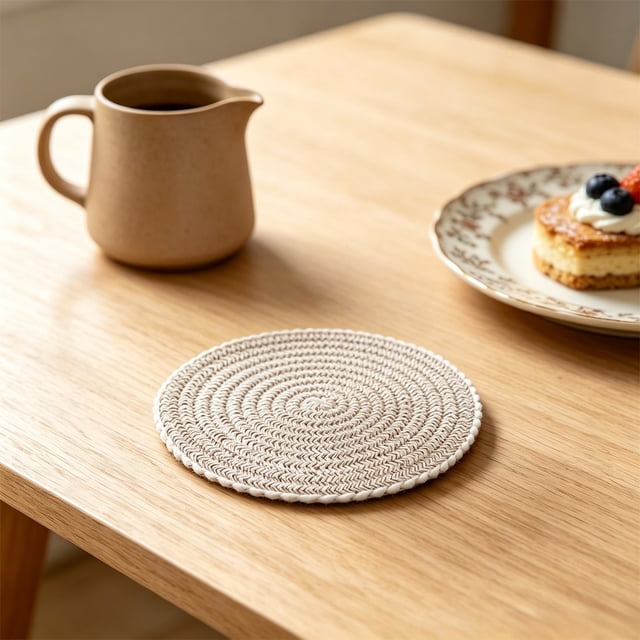 Ball Trims Woven Rope Mat 1 Pack Heat Protection Round Table Mat For Kitchen Dining Home Cup Glass