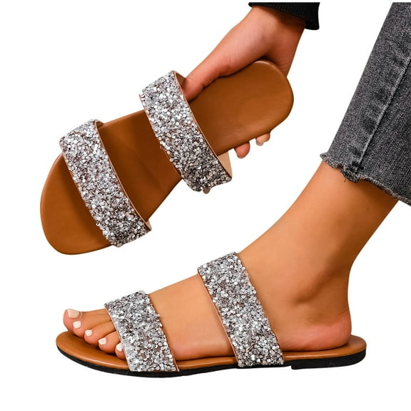 Xfvqtps Slide Sandals for Women Flat Double Straps Sequin Open Toe Non Slip Beach Summer Slides Slippers Brown