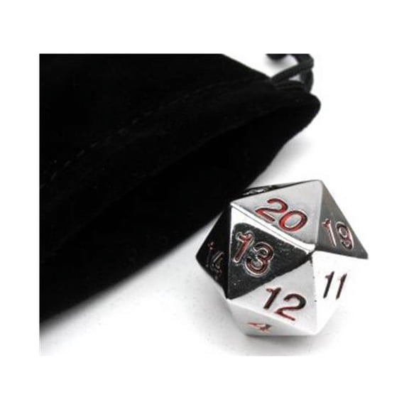 Koplow KPL18860 22 mm Zinc Metal Alloy Countdown D20 Dice with Black Bag- Silver & Red Numbers