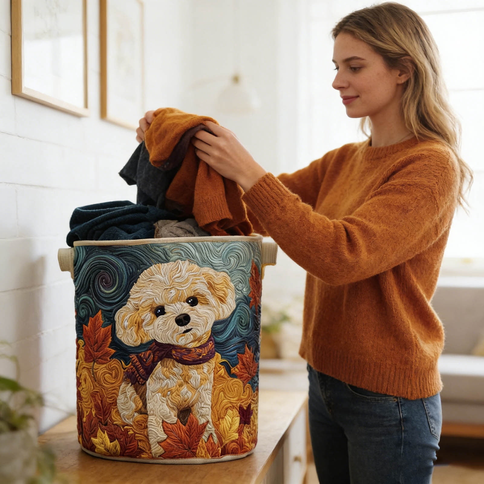 Quilted Laundry Basket with Handles, Boho Floral Fabric Storage Hamper, Large Soft Quilted Laundry Basket for Bedroom, Laundry Room,Clothes & Toys (Dog Paw Pattern)