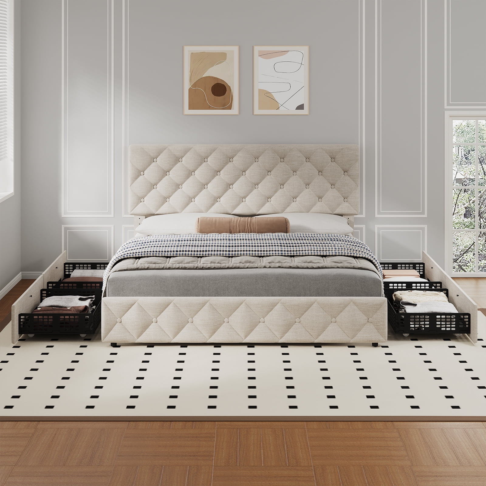 TEQIN Upholstered Queen Bed Frame with 4 Storage Drawers, Diamond Tufted Fabric Platform Bed with Sturdy Support,No Box Spring Needed, Easy Assembly, Noise Free
