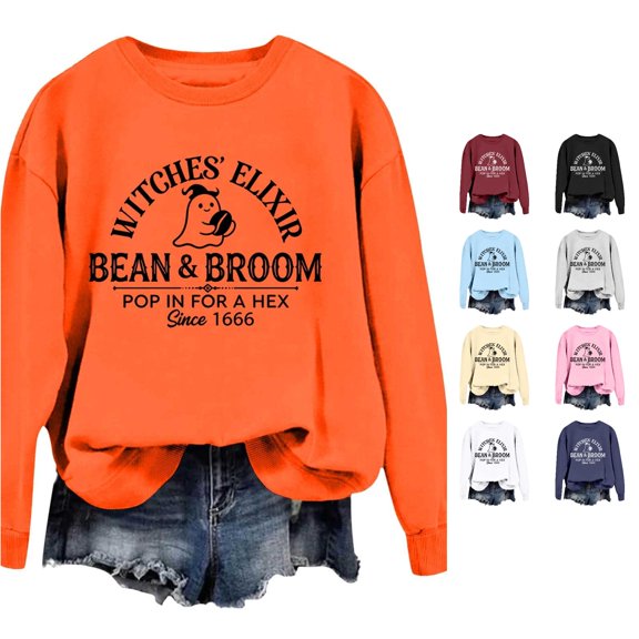 Venzia Women Halloween Crewneck Sweatshirt, Black Long Sleeve Pullover Top, Casual Fall Graphic Sweatshirt