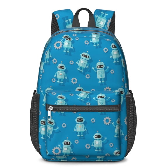 Robot and Gears Blue Pattern 17" Waterproof Oxford School Backpacks for Teens, S-Shape Padded Straps, for School, Travel, Hiking, Camping