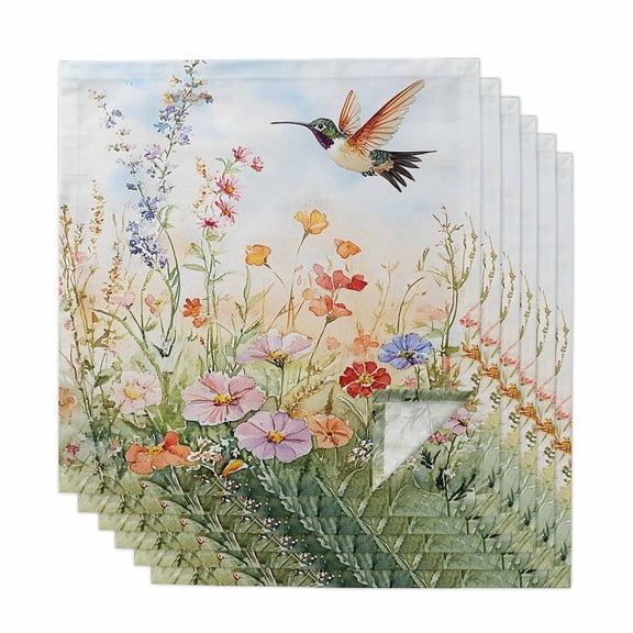 Spring Floral Cloth Napkins, Hummingbird Summer Botanical Watercolor Washable and Reusable Dinner Napkins Set of 6, Table Napkin for Kitchen Party Birthday Wedding Hotel Housewarming 20"x20"