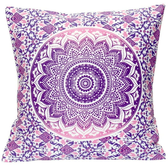 Stylo Culture Ethnic Settee Sofa Throw Pillow Cover 16 x 16 Printed Floral Pink Purple Traditional 40x40 cm Home Decor Cotton Mandala Ombre Square Cushion Cover | 1 Pc