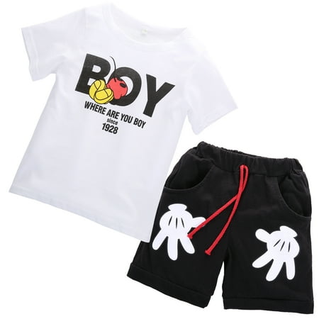 

Musuos 2Pcs Baby Boys Summer Outfits Short Sleeve Letter Print T-shirt Tops + Cartoon Shorts Casual Set