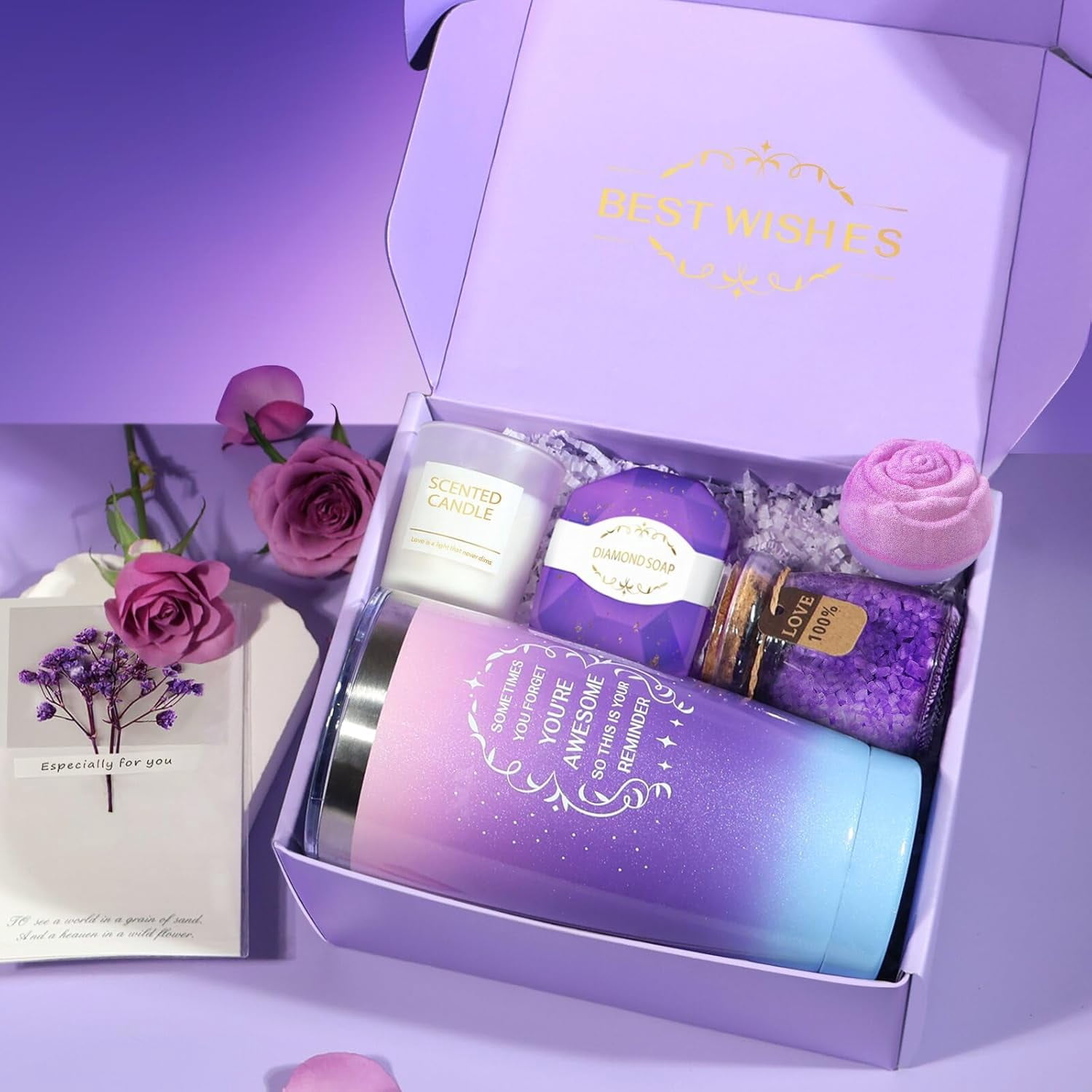 Spa Gift Basket Set for Women, Birthday, Mother's Day, Teacher Appreciation and Graduation Gift, for Wife, Girlfriend, Coworker, Grandma, Nurse, Daughter, Purple