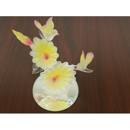 - Two Doves Blown Glass Figurine Relaxing Around Pink Yellow Flower